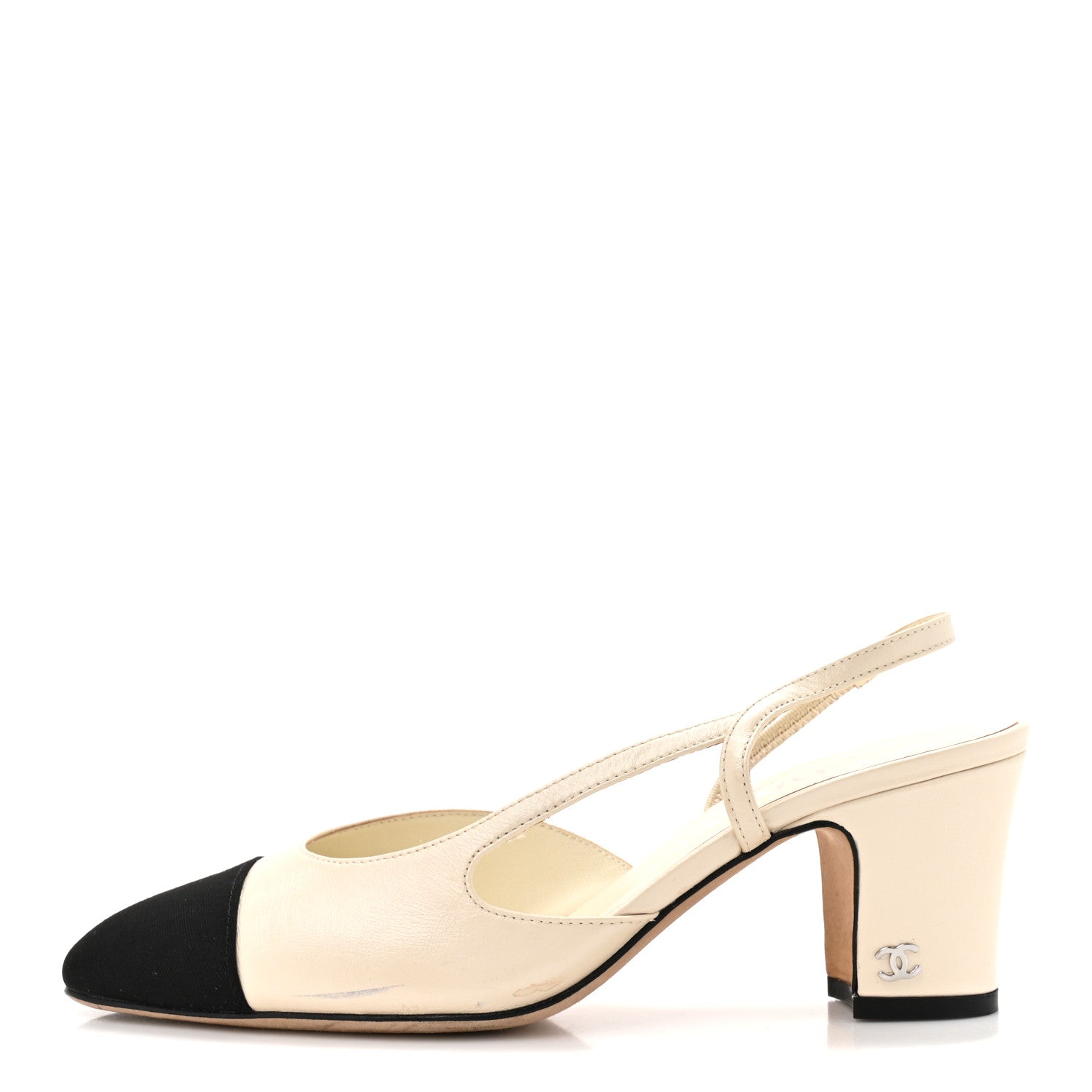 Chanel Lambskin Grosgrain Cap Toe CC Slingback Pumps 38 White Black 1 of 14