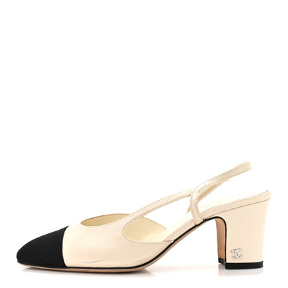 Chanel Lambskin Grosgrain Cap Toe CC Slingback Pumps 38 White Black 1 of 14
