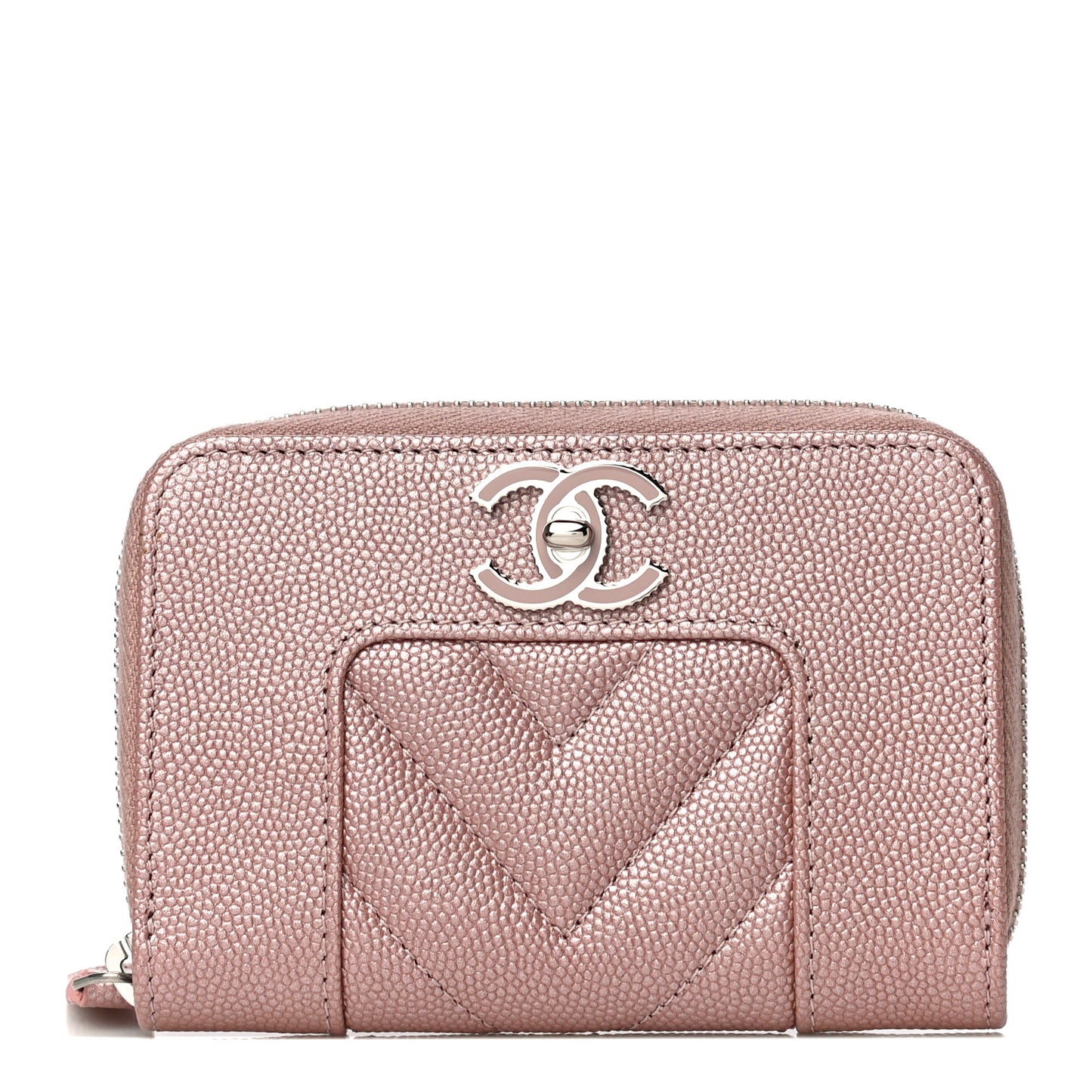 Metallic Caviar Chevron Quilted Vintage Mademoiselle Zip Coin Purse Pink