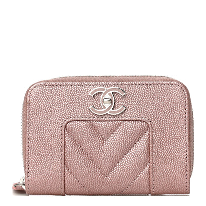Chanel Metallic Caviar Chevron Quilted Vintage Mademoiselle Zip Coin Purse Pink 1 of 11