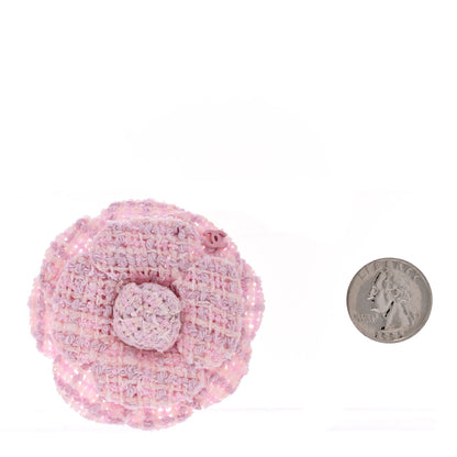 Chanel Tweed Camellia Brooch Pink White 2 of 3