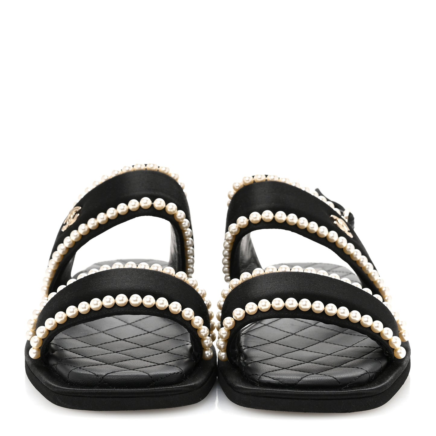 Satin Pearl Quilted Flat Sandals 36.5 Black