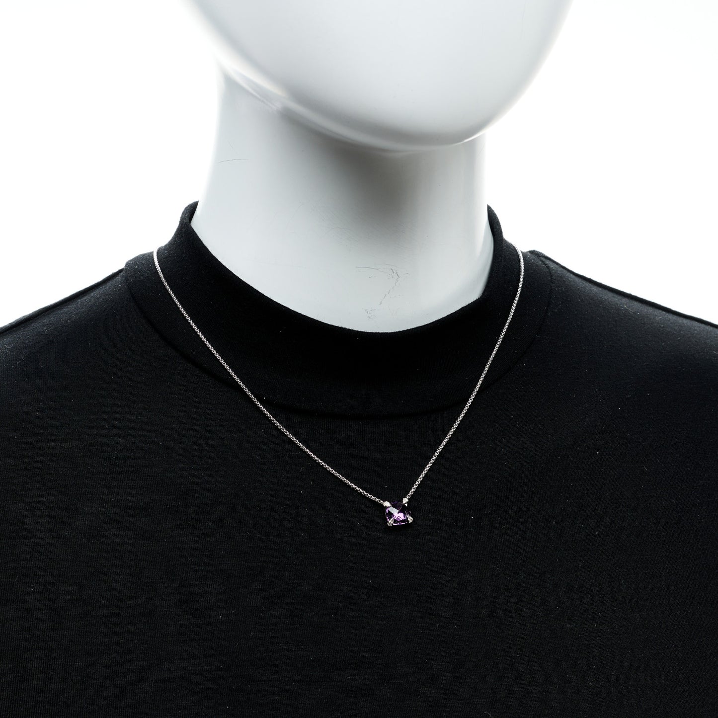 Sterling Silver Diamond Amethyst 9mm Petite Chatelaine Pendant Necklace