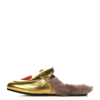 Gucci Metallic Nappa Fur Heart and Lips Womens Princetown Slippers 35 Gold 1 of 8