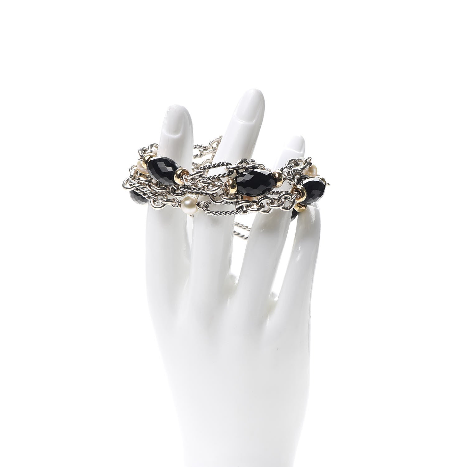 David Yurman Sterling Silver 18K Yellow Gold Black Onyx Pearl Multi Strand Figaro Bracelet 2 of 4
