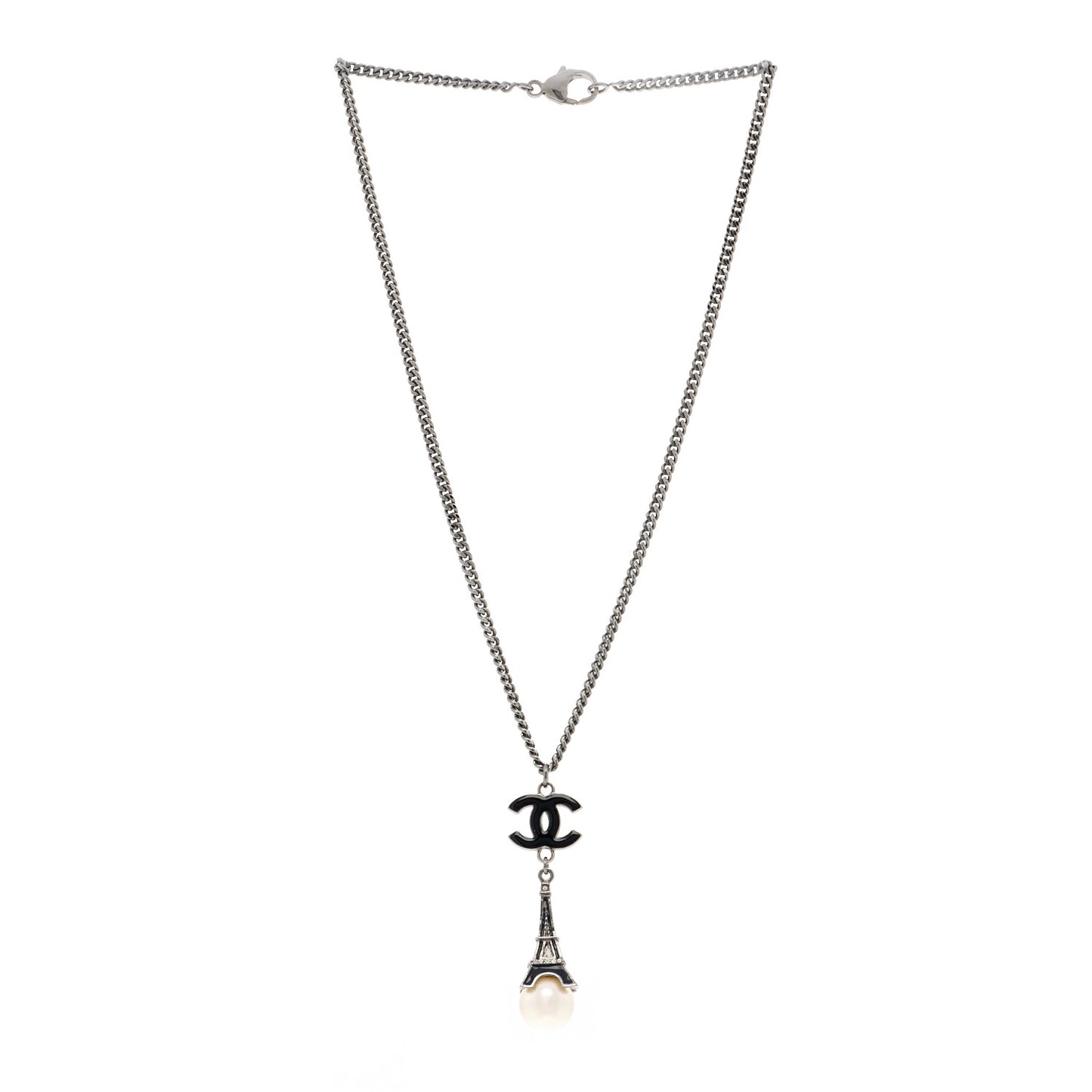 Ruthenium Enamel Pearl Eiffel Tower CC Drop Necklace Black White