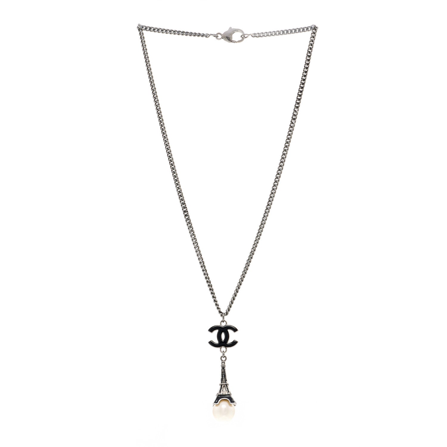 Chanel Ruthenium Enamel Pearl Eiffel Tower CC Drop Necklace Black White 3 of 7