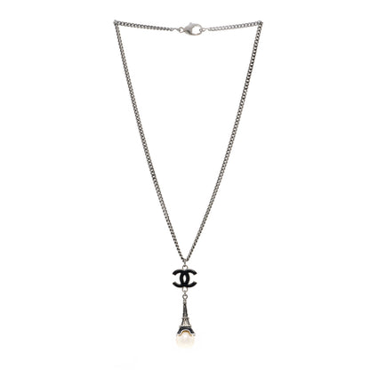 Chanel Ruthenium Enamel Pearl Eiffel Tower CC Drop Necklace Black White 3 of 7