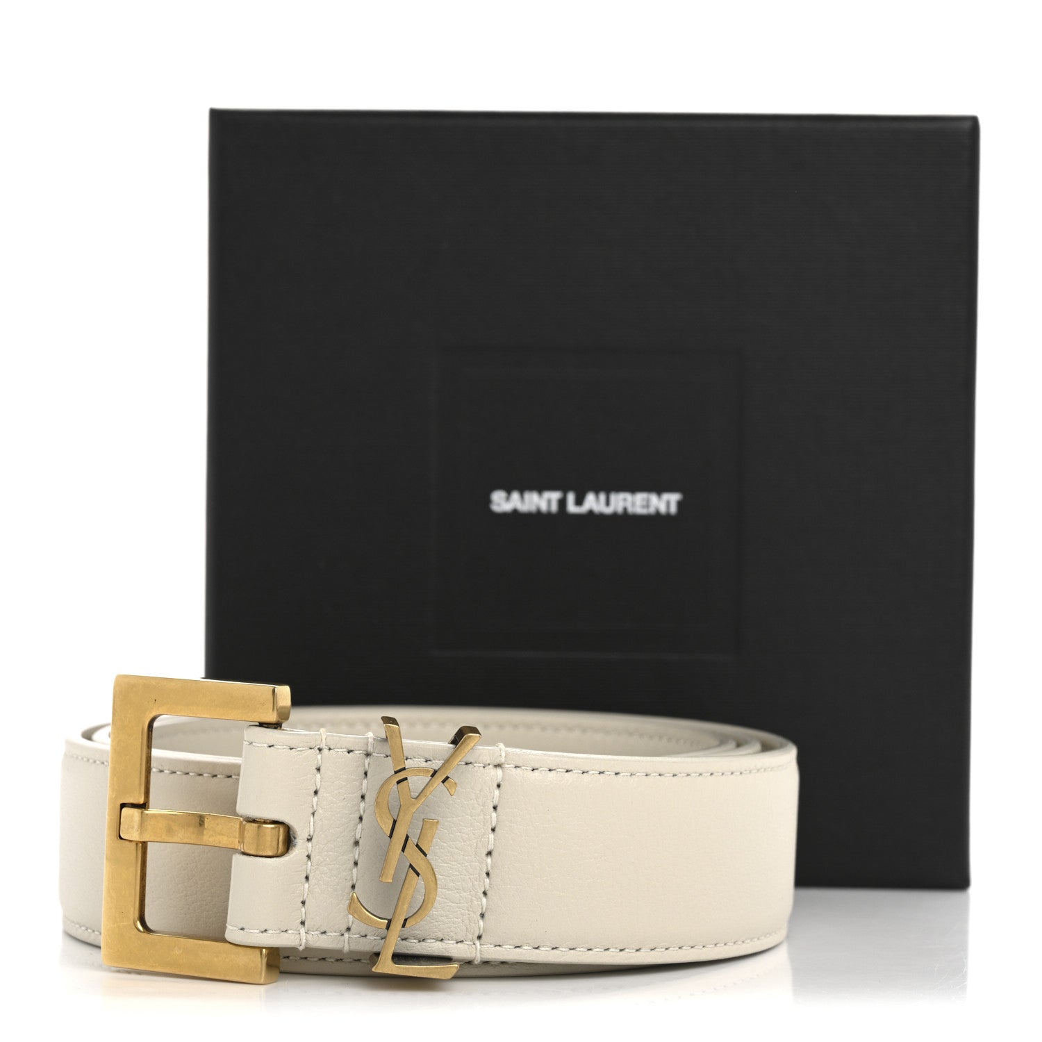Saint Laurent Smooth Calfskin Monogram Square Buckle Belt 80 32 Crema Soft 8 of 8