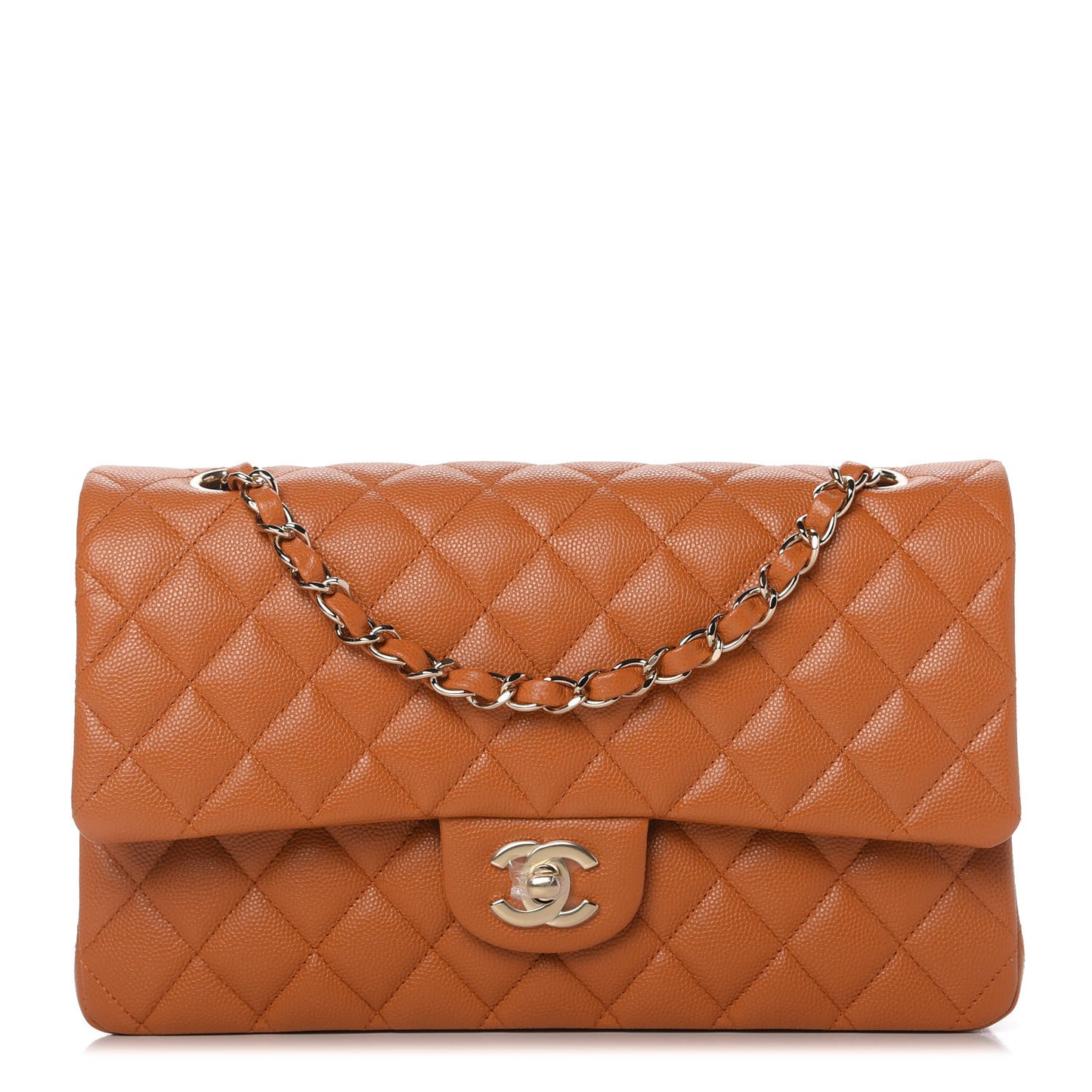 Caviar Quilted Medium Double Flap Light Brown
