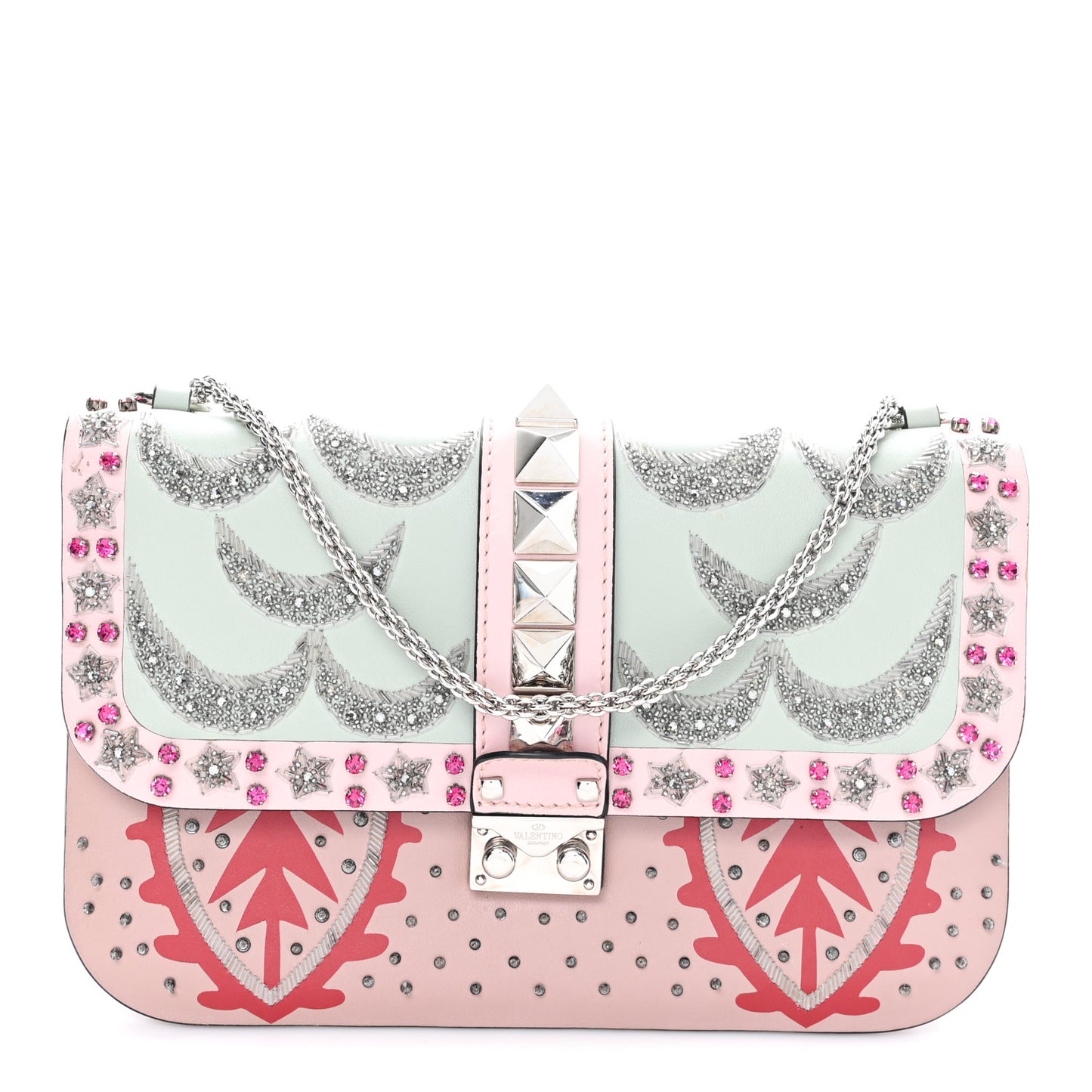 Vitello Crystal Embellished Medium Glam Lock Rockstud Flap Poudre
