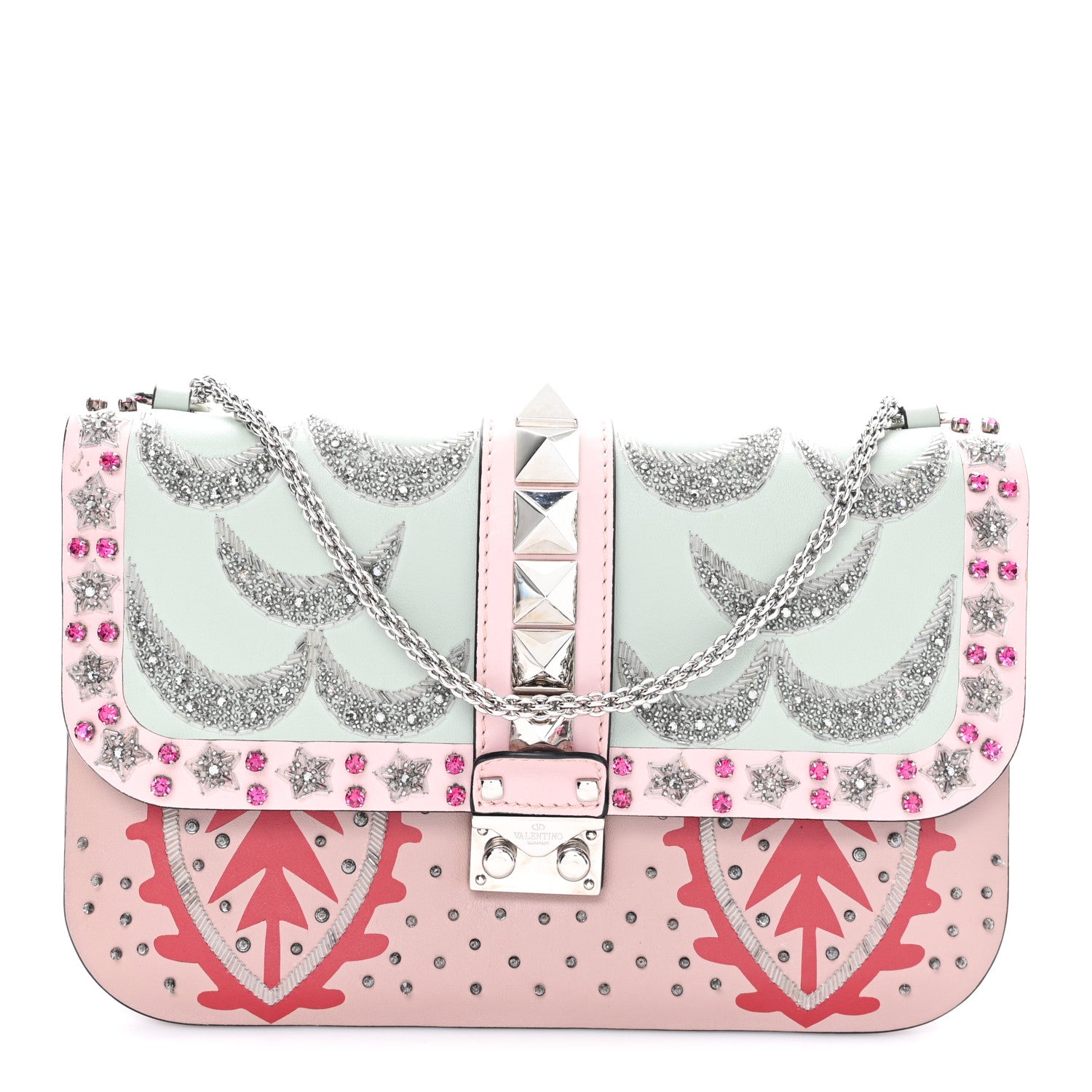 Valentino Garavani Vitello Crystal Embellished Medium Glam Lock Rockstud Flap Poudre 1 of 12