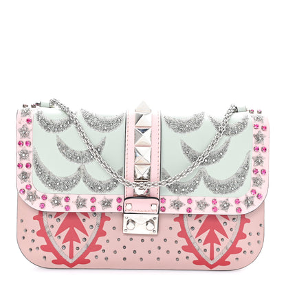 Valentino Garavani Vitello Crystal Embellished Medium Glam Lock Rockstud Flap Poudre 1 of 12