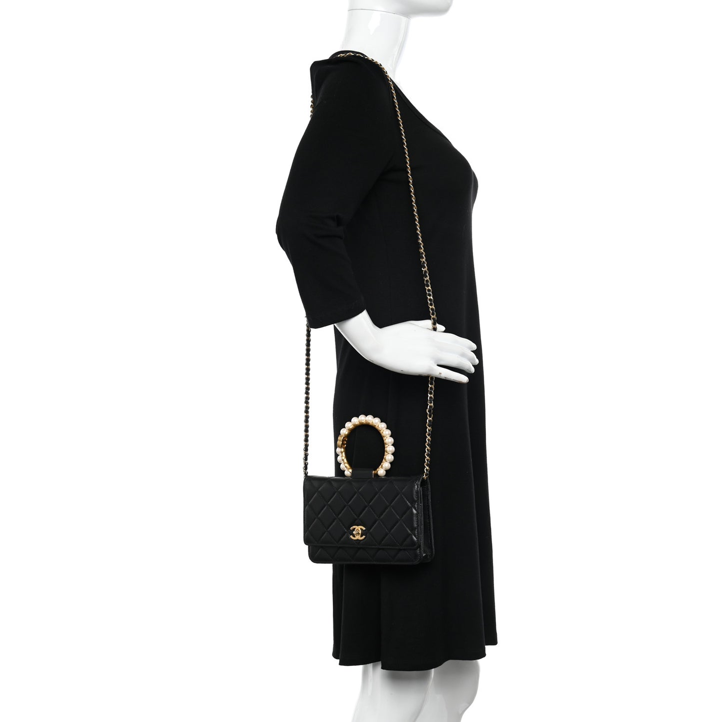 Lambskin Quilted Pearl Crown Wallet On Chain WOC Black