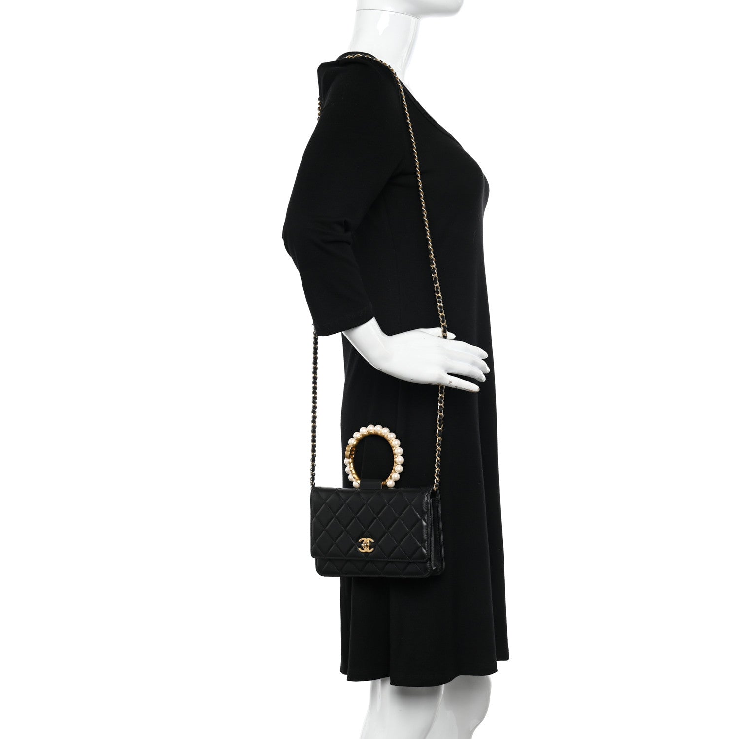Chanel Lambskin Quilted Pearl Crown Wallet On Chain WOC Black 2 of 11