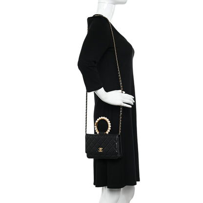 Chanel Lambskin Quilted Pearl Crown Wallet On Chain WOC Black 2 of 11