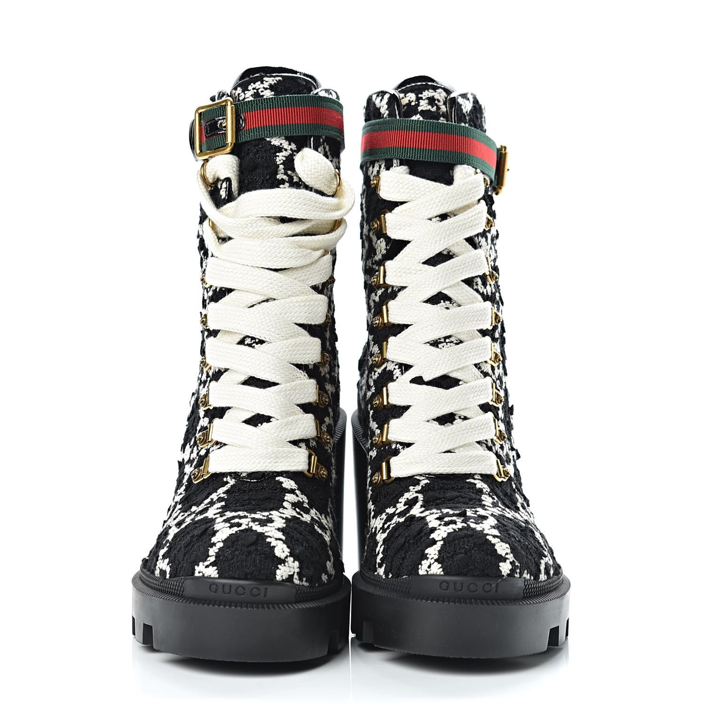 Tweed GG Monogram Lace Up Combat Ankle Boots 40 Black