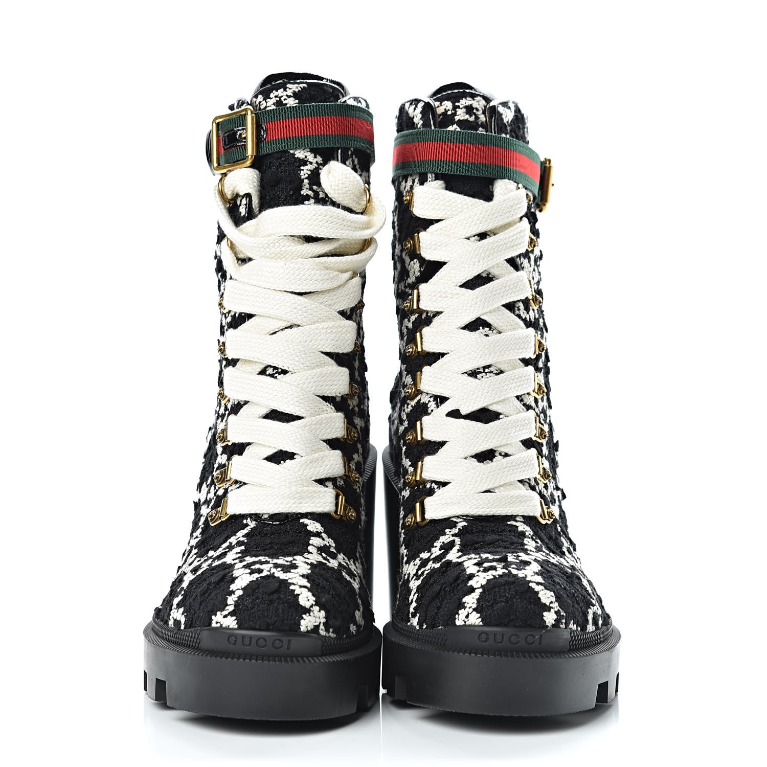 Gucci Tweed GG Monogram Lace Up Combat Ankle Boots 40 Black 2 of 10