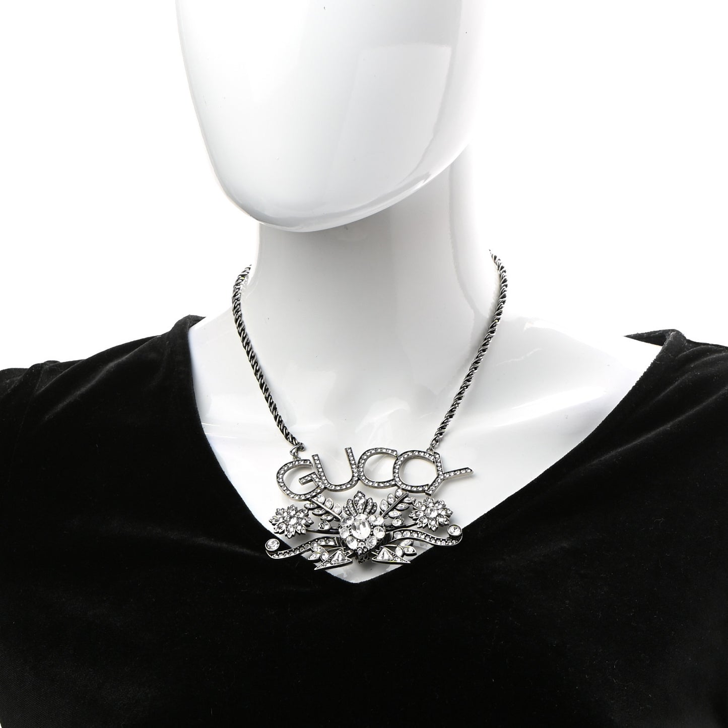 Metal Crystal Guccy Necklace Aged Silver