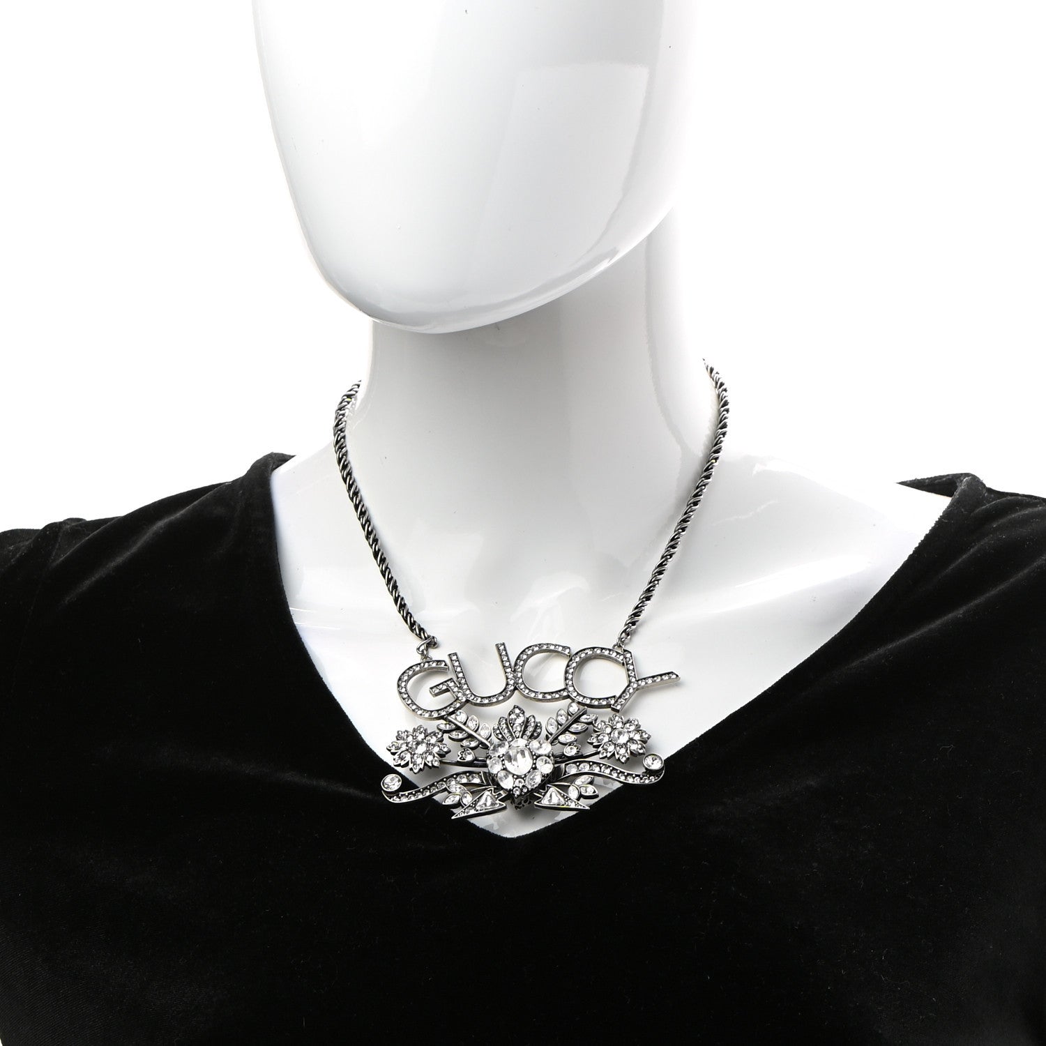 Gucci Metal Crystal Guccy Necklace Aged Silver 2 of 5