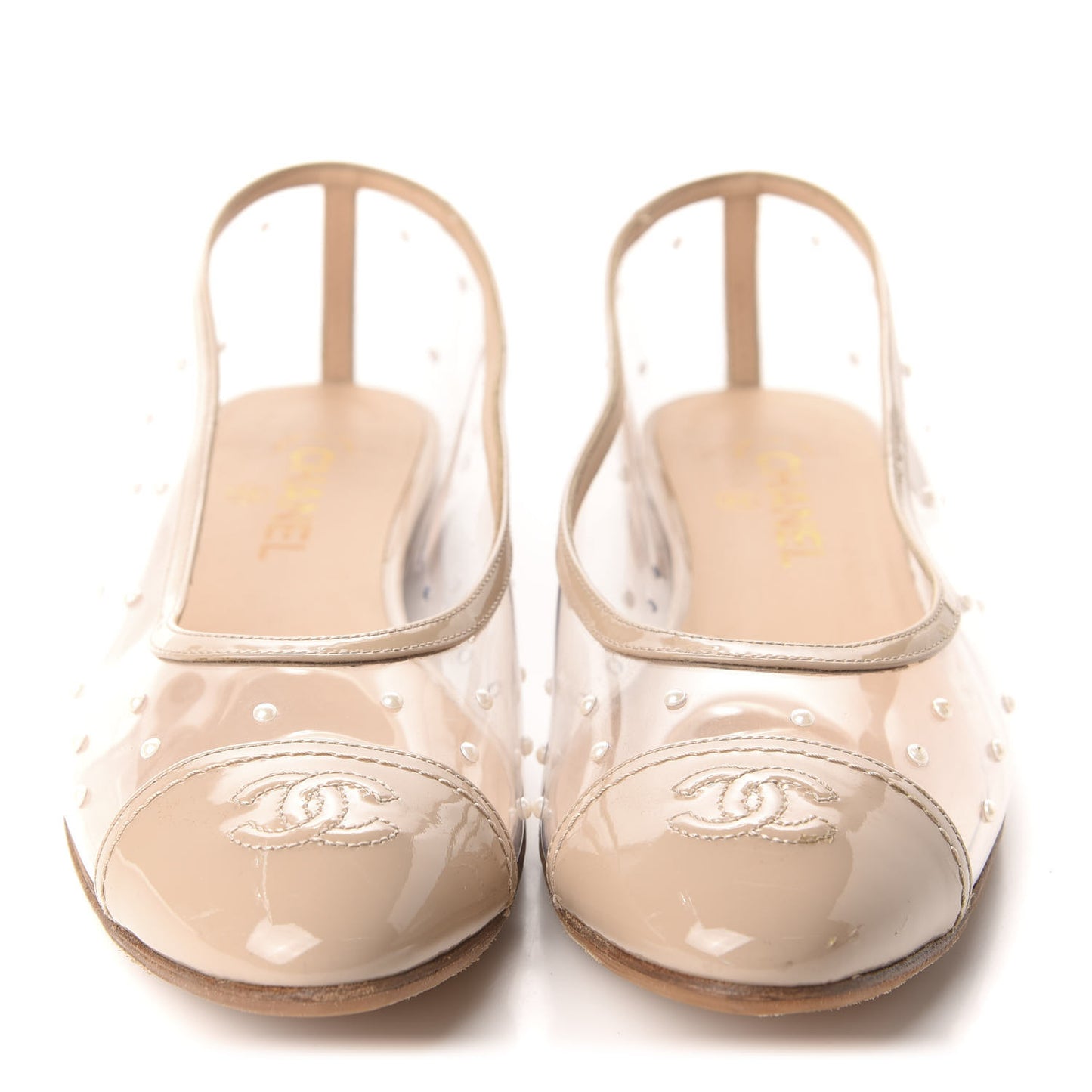 PVC Patent Calfskin Pearl Cap Toe Ballerina Flats 40.5 Transparent Nude