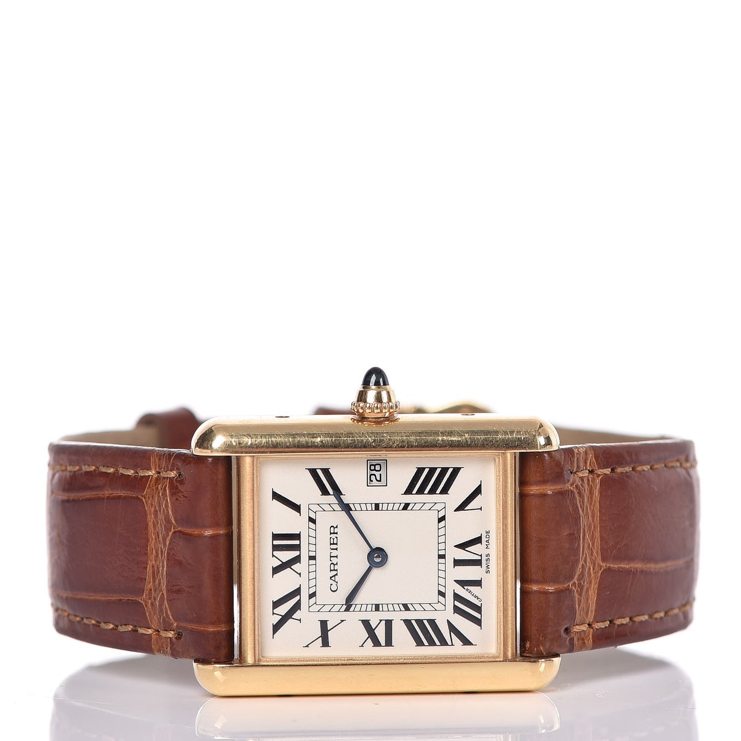 18K Yellow Gold Alligator 26mm Tank Louis Quartz Watch Brown