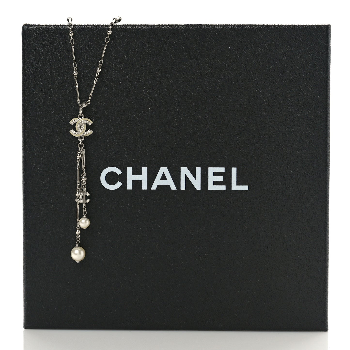 Crystal Pearl CC Beaded Long Necklace Silver