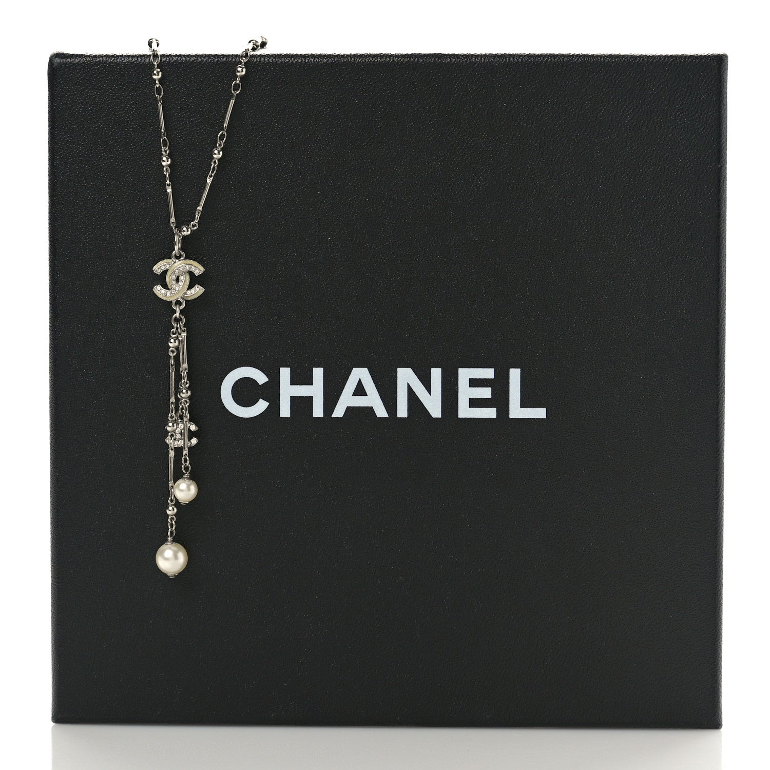 Chanel Crystal Pearl CC Beaded Long Necklace Silver 5 of 5