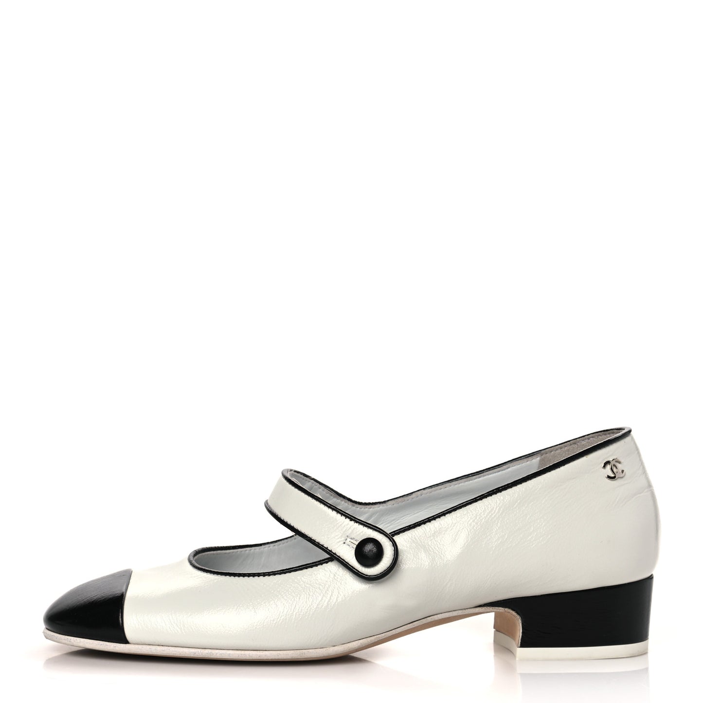Patent Calfskin Mary Jane Strap Pumps 39 Black White