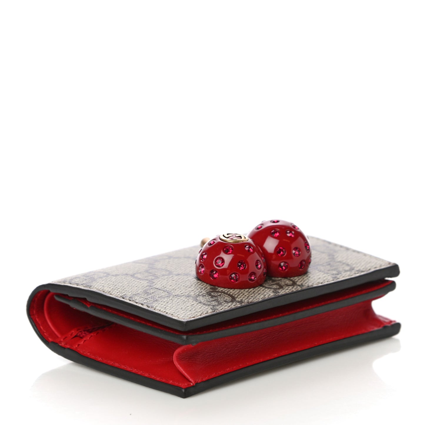 GG Supreme Monogram Cherry Embellished Card Case Wallet Hibiscus Red