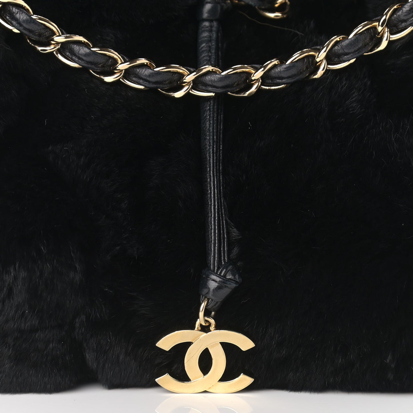 Rabbit Fur Reversible Drawstring Bag Black