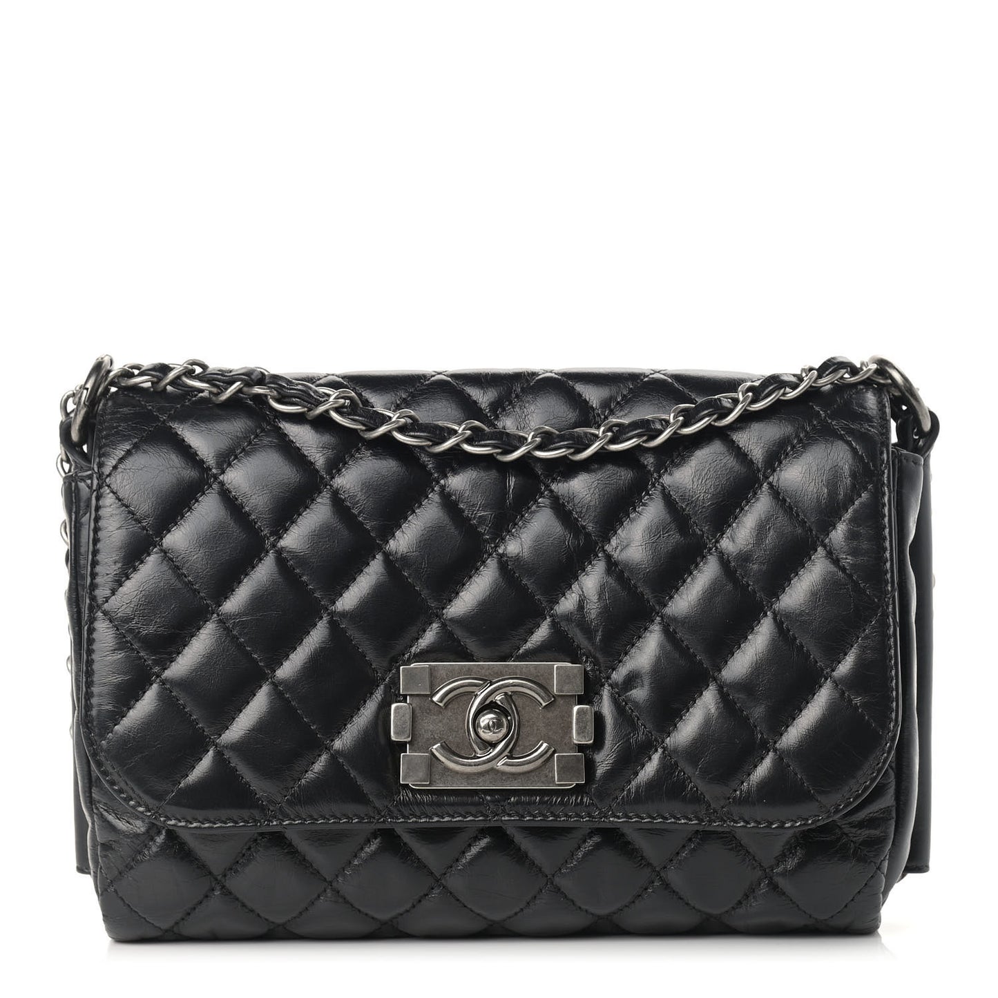Glazed Calfskin Quilted Soft Boy Flap Black