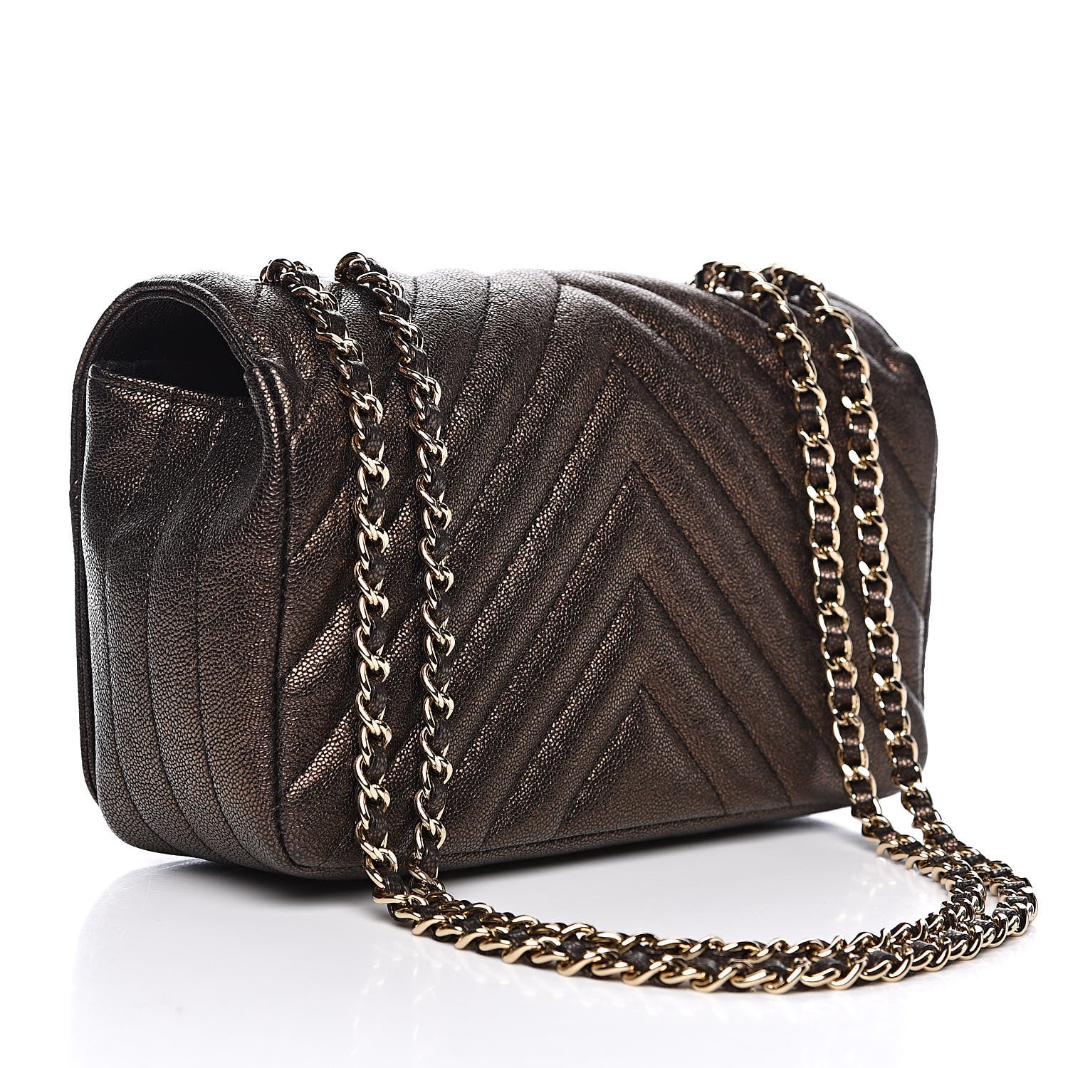 Chanel Metallic Caviar Chevron Quilted Mini Statement Flap Bronze 3 of 12