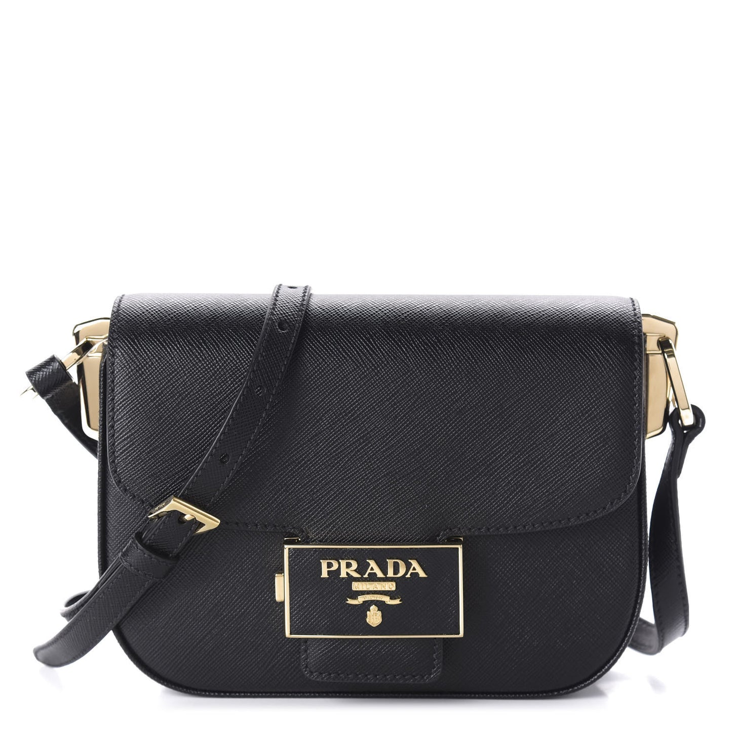 Saffiano Lux Embleme Flap Shoulder Bag Black