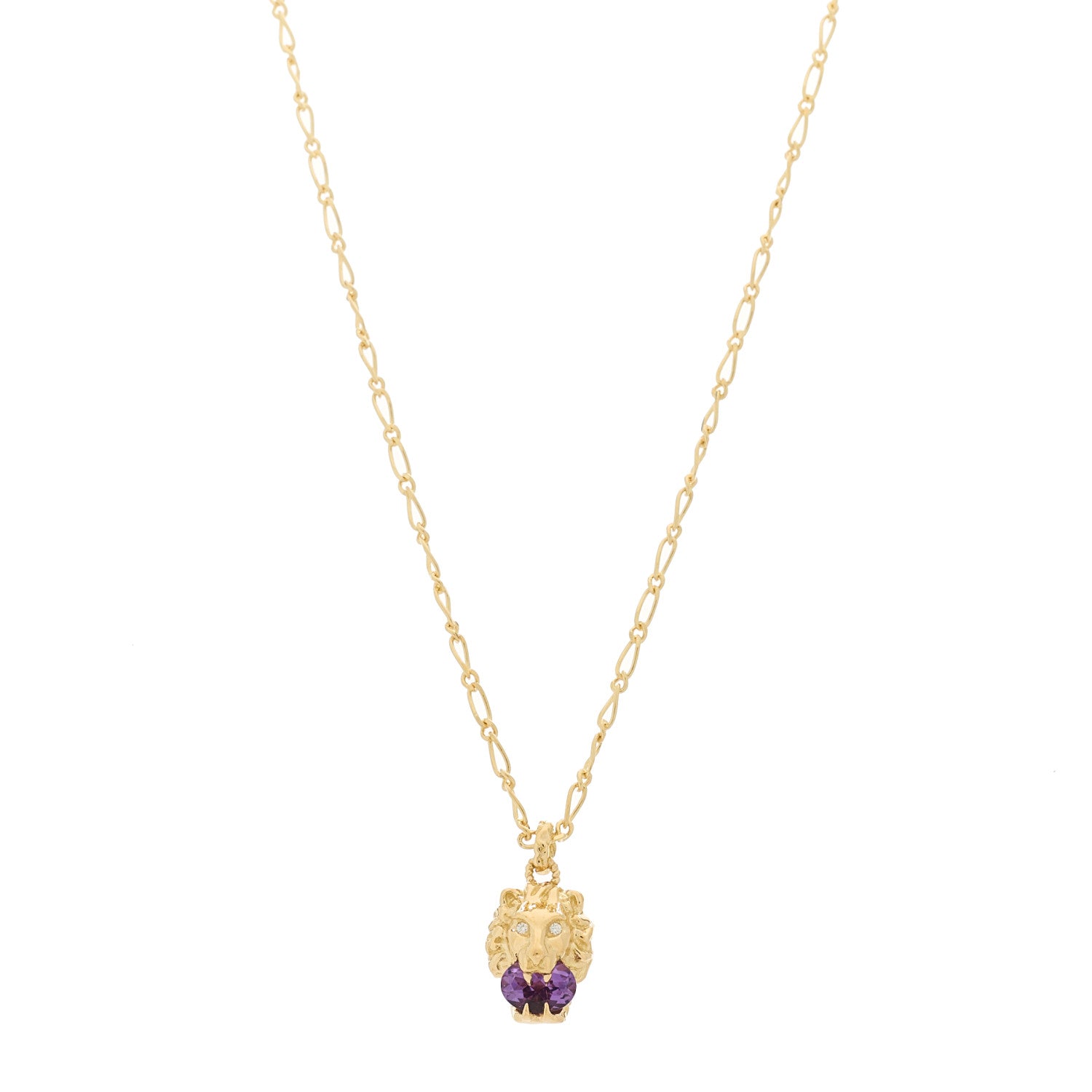 Gucci 18K Yellow Gold Diamond Amethyst Lion Head Necklace 1 of 5