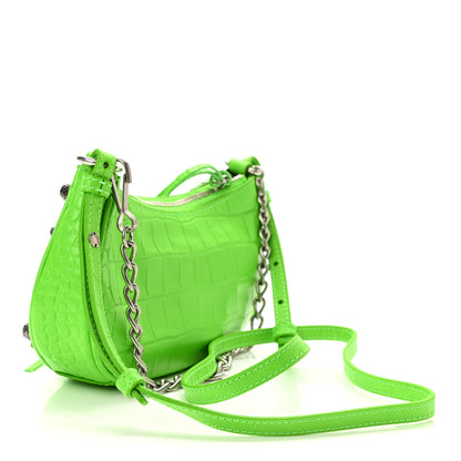 Balenciaga Extra Supple Calfskin Crocodile Embossed Le Cagole Mini Purse With Chain Acid Green 3 of 10