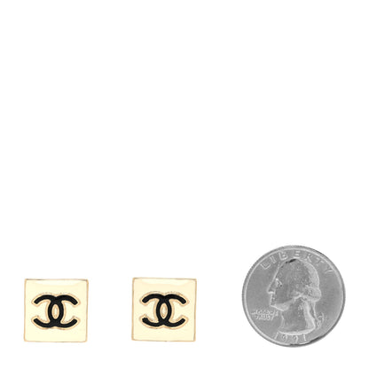 Chanel Metal Enamel CC Square Earrings Gold White Black 2 of 4