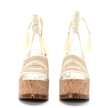 Jimmy Choo Raffia Embroidered Gal 130 Wedge Sandals 39 Natural Ecru 2 of 6