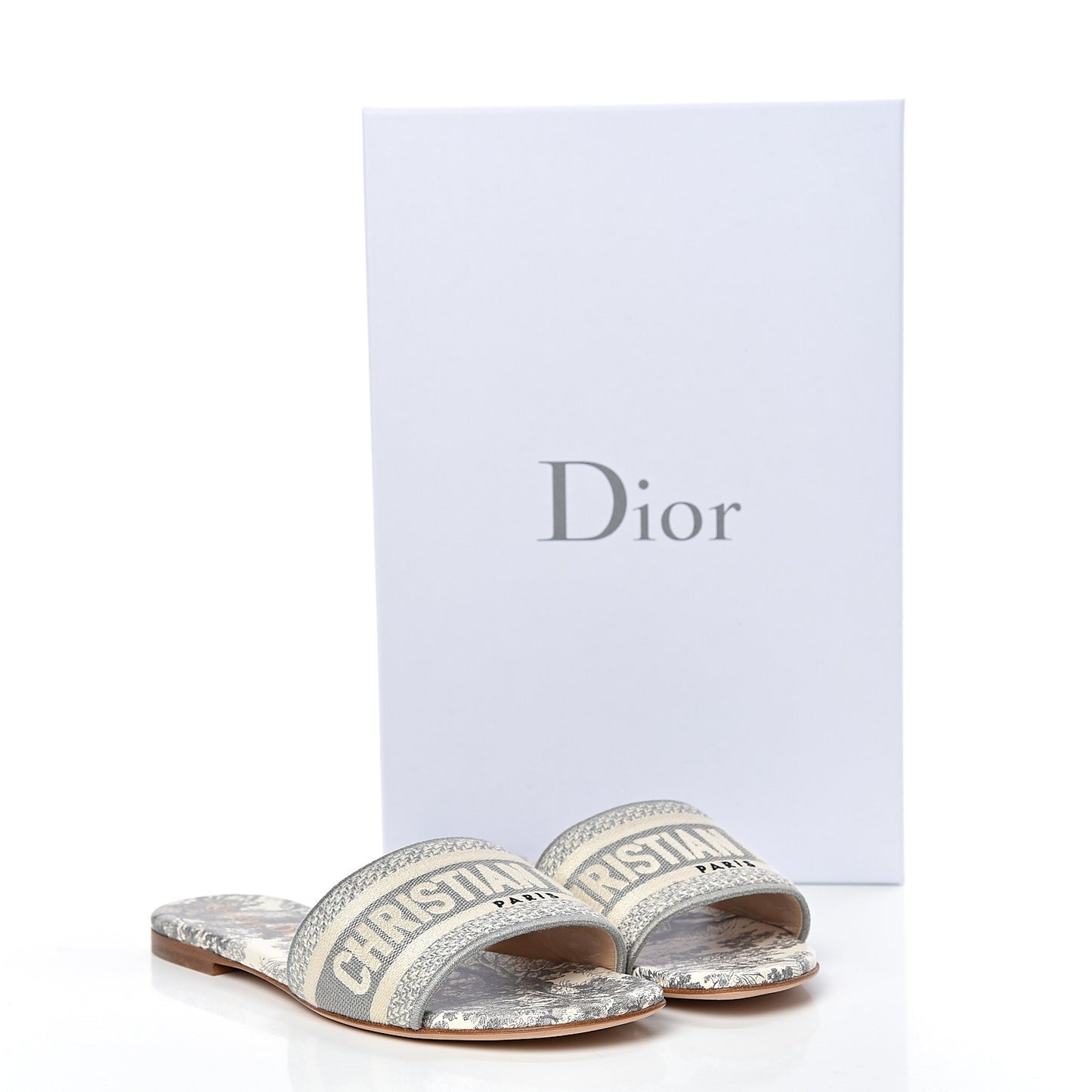 Canvas Toile de Jouy Embroidered Dway Flat Slide Sandals 35.5 Grey Stone