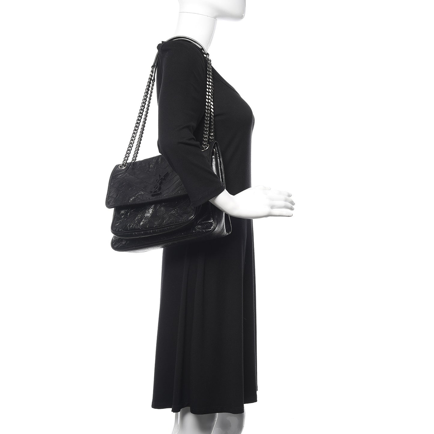 Crinkled Calfskin Matelasse Monogram Medium Niki Chain Satchel Black