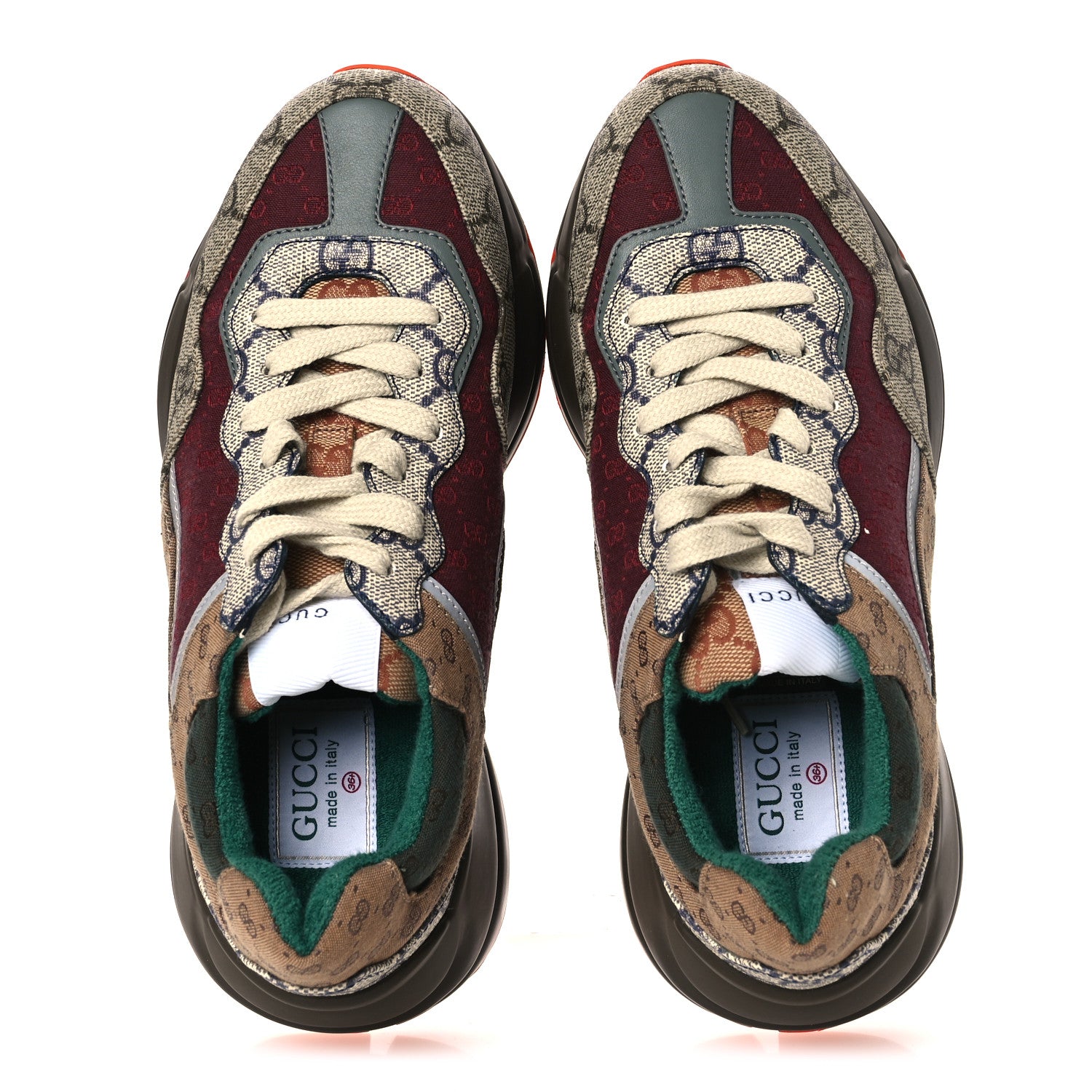 Gucci GG Supreme Monogram Mix Monogram Womens Rhyton Sneakers 36.5 Bordeaux Beige Ebony 2 of 10