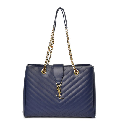 Saint Laurent Grain De Poudre Matelasse Chevron Monogram Shopping Bag Deep Marine 1 of 19