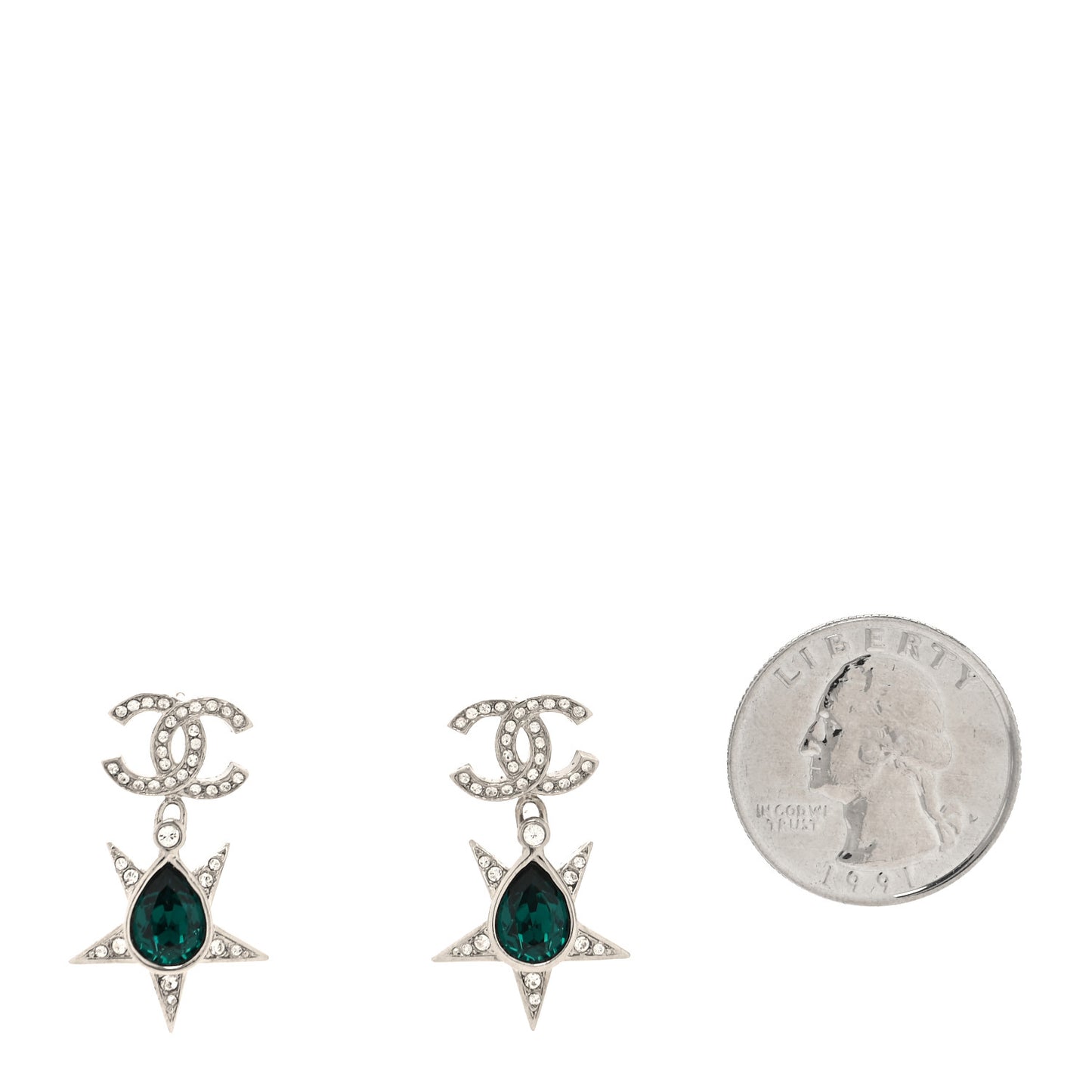 Crystal CC Star Drop Earrings Silver Green