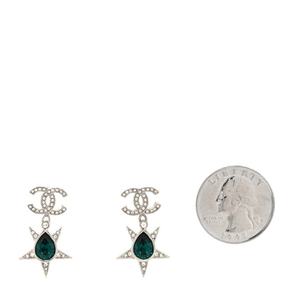 Chanel Crystal CC Star Drop Earrings Silver Green 2 of 5