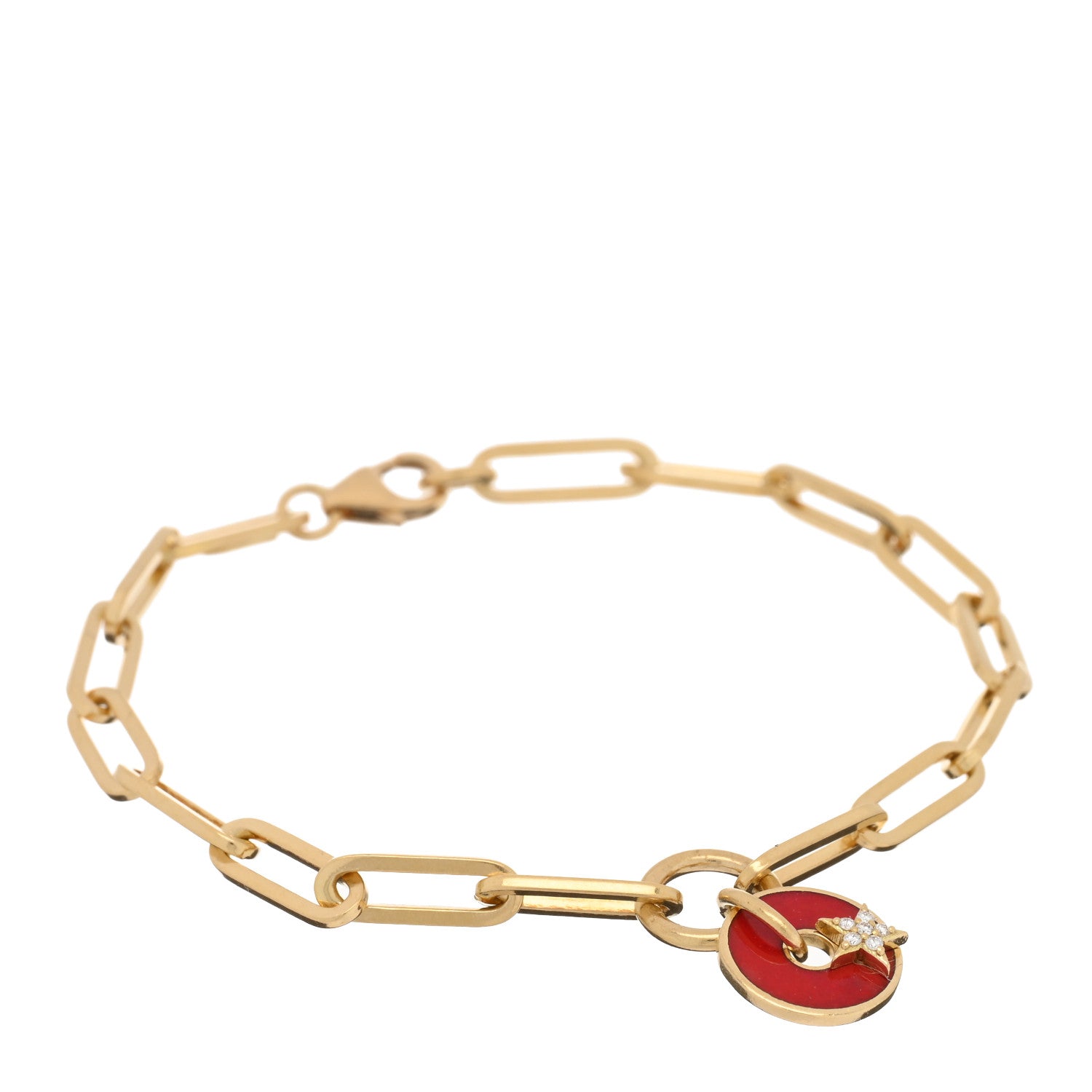 Foundrae 18K Yellow Gold Diamond Enamel Star Strength Disk Classic Fob Clip Bracelet Red 1 of 4