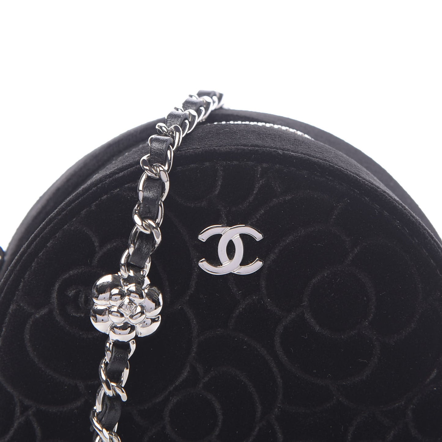 Velvet Camellia Round Clutch With Chain Black