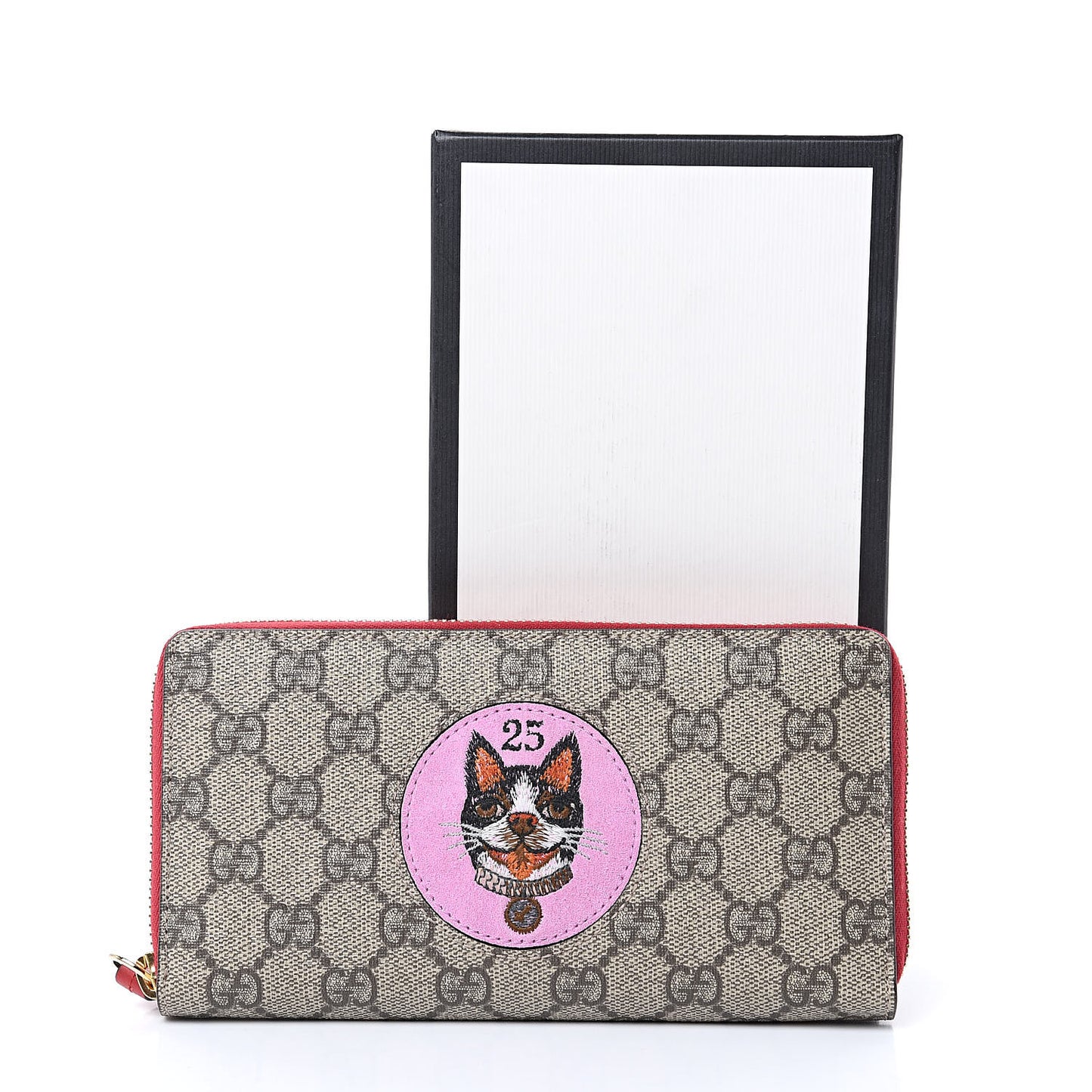GG Supreme Monogram Bosco Patch Zip Around Wallet Beige Malva Hibiscus Red