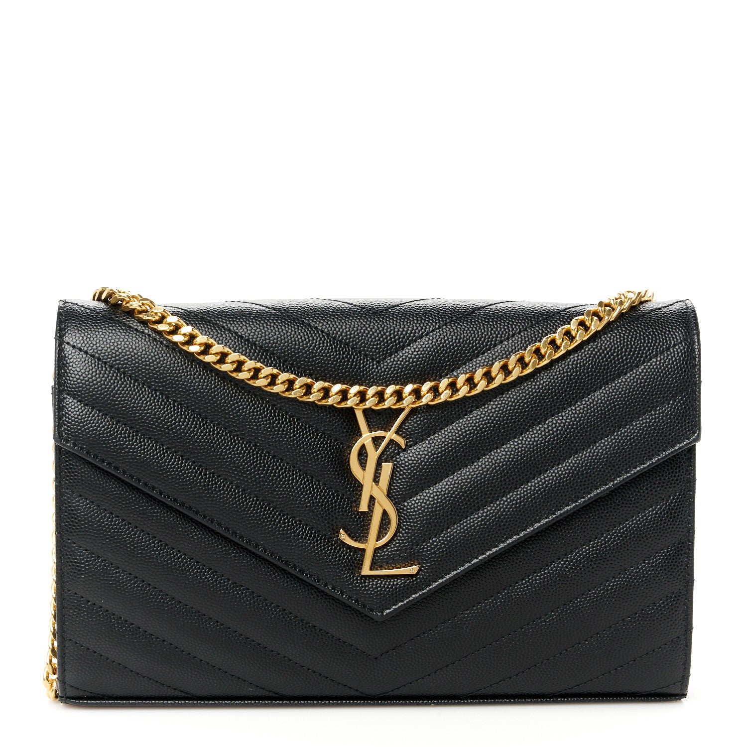 Saint Laurent Grain De Poudre Matelasse Chevron Monogram Chain Wallet Black 1 of 9