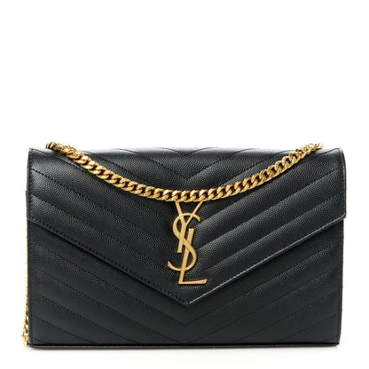 Saint Laurent Grain De Poudre Matelasse Chevron Monogram Chain Wallet Black 1 of 9