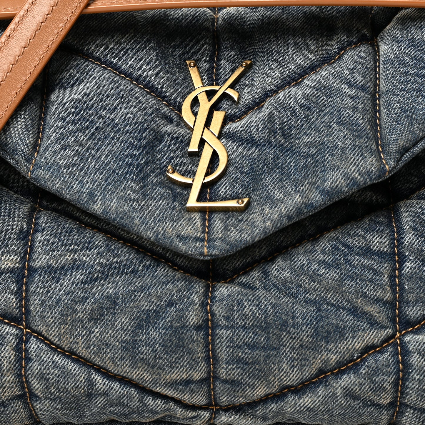 Denim Quilted Small Loulou Puffer Monogram Chain Satchel Blue Cinnamon
